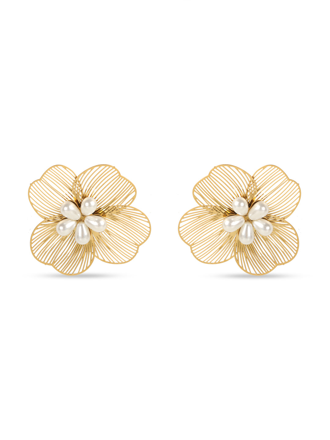 Golden Flower Drop Earrings with Pearls