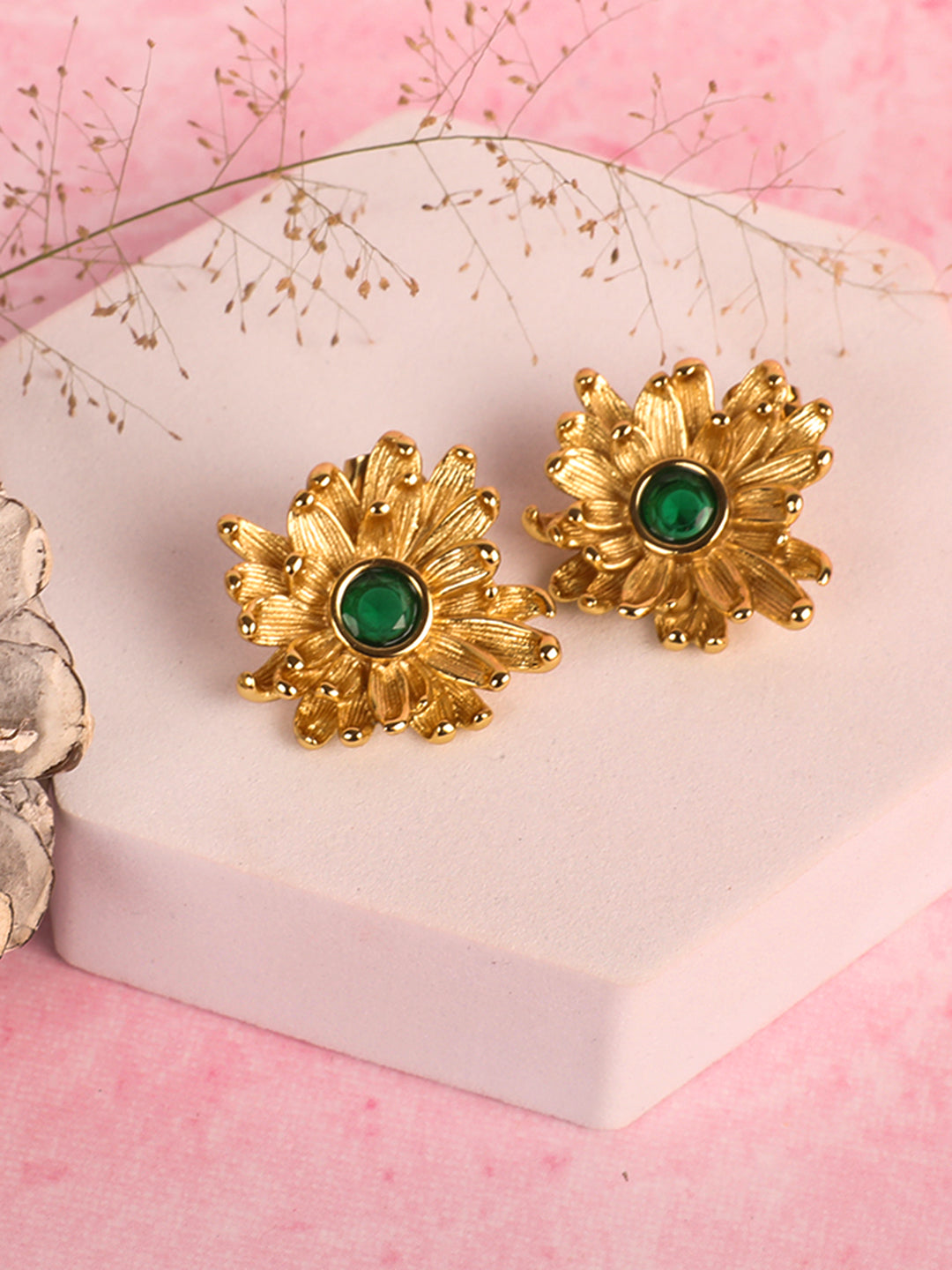 Royal Charm Golden Emerald Floral Earrings