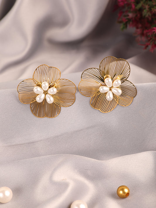 Golden Flower Drop Earrings with Pearls