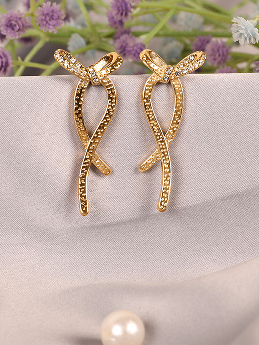 Golden Ribbon Bow Drop Earrings Set