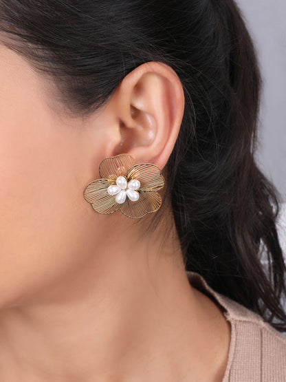 Golden Flower Drop Earrings with Pearls