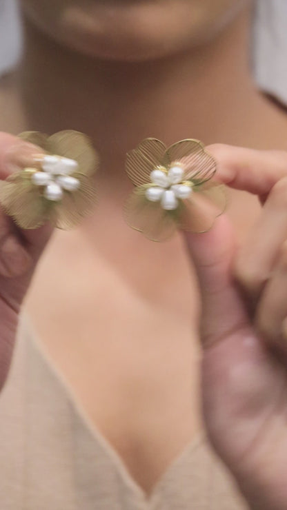 Golden Flower Drop Earrings with Pearls